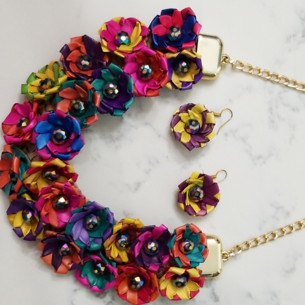 Multicolor Mexican Flower Necklace w /Earrings